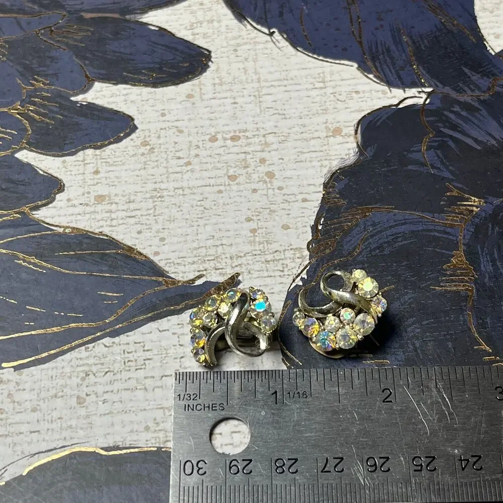 Vintage Crescent Silver Tone Sparkling AB Aurora Borealis Earrings
